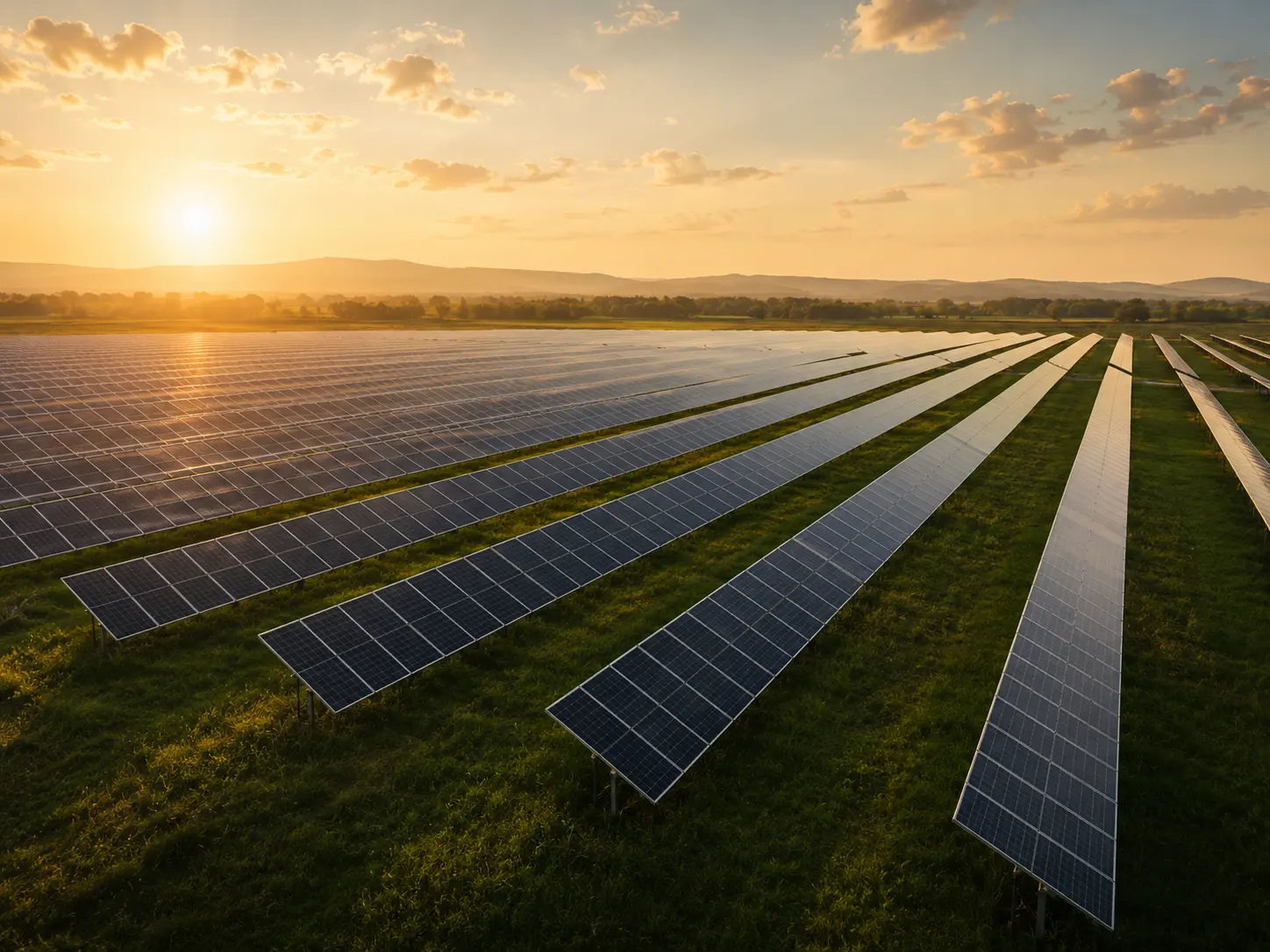 Rows of solar panels arrayed under an open sky.